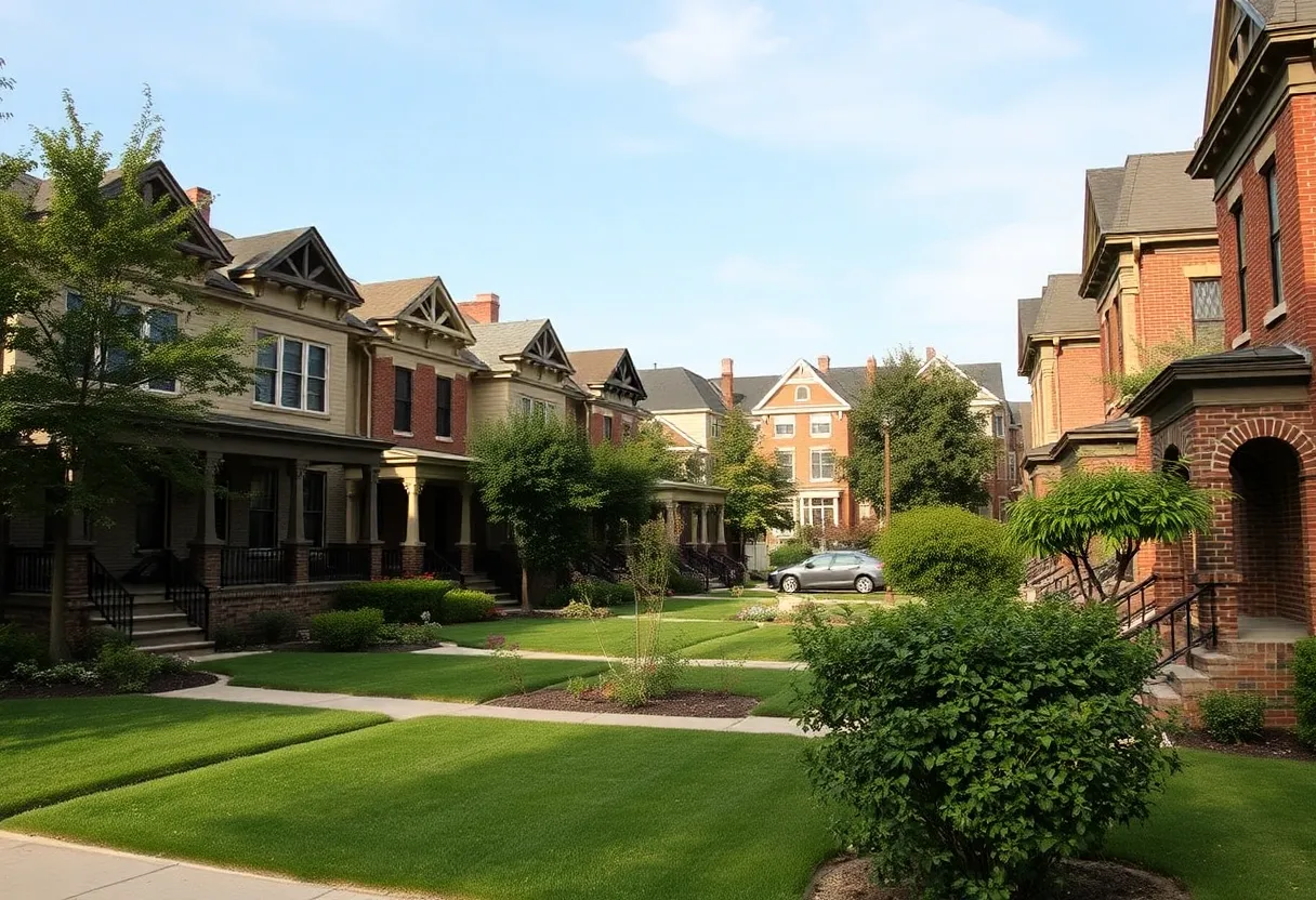 View of Lafayette Park neighborhood in Detroit with townhouses and greenspaces.