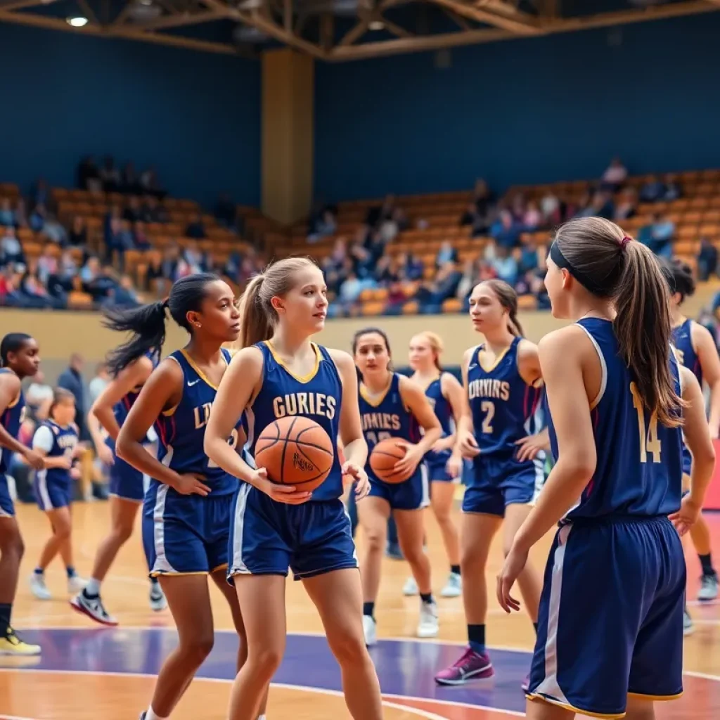 Detroit Mercy women's basketball players practicing on the court