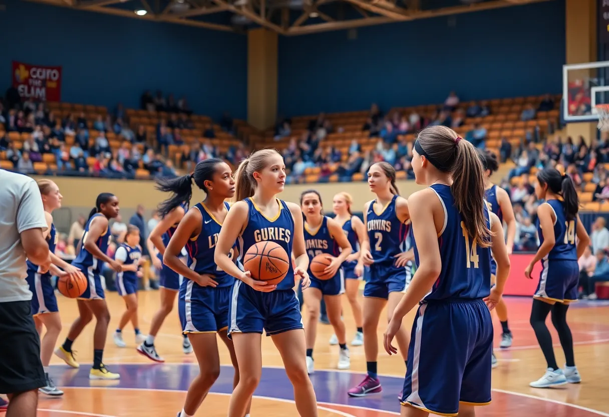 Detroit Mercy women's basketball players practicing on the court