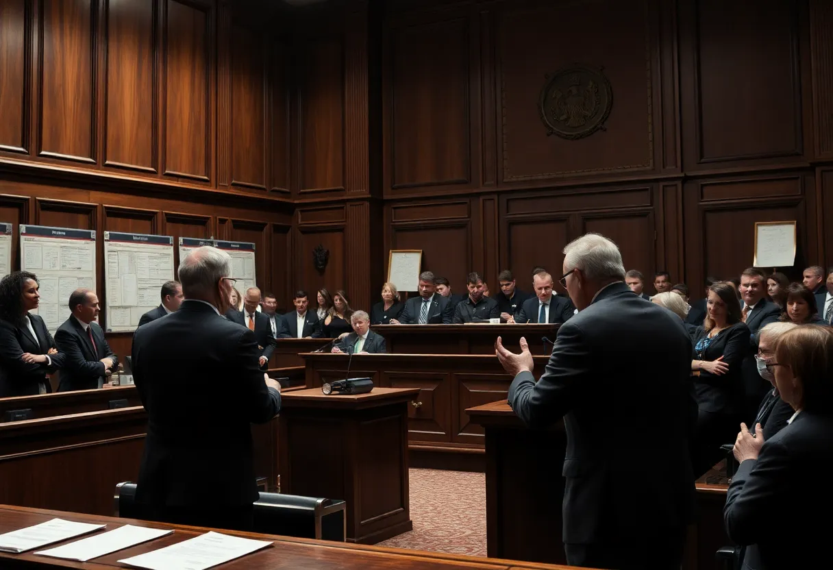 Courtroom scene during a murder trial in Detroit