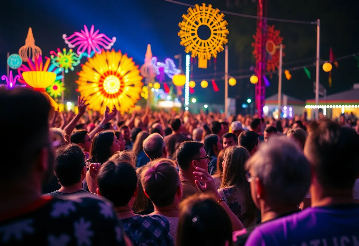 A vibrant live performance scene with an audience enjoying music.