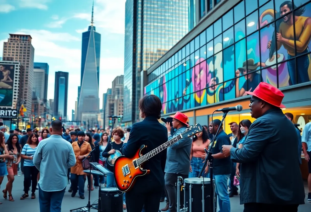 A lively scene of musicians performing at a street festival in Detroit.