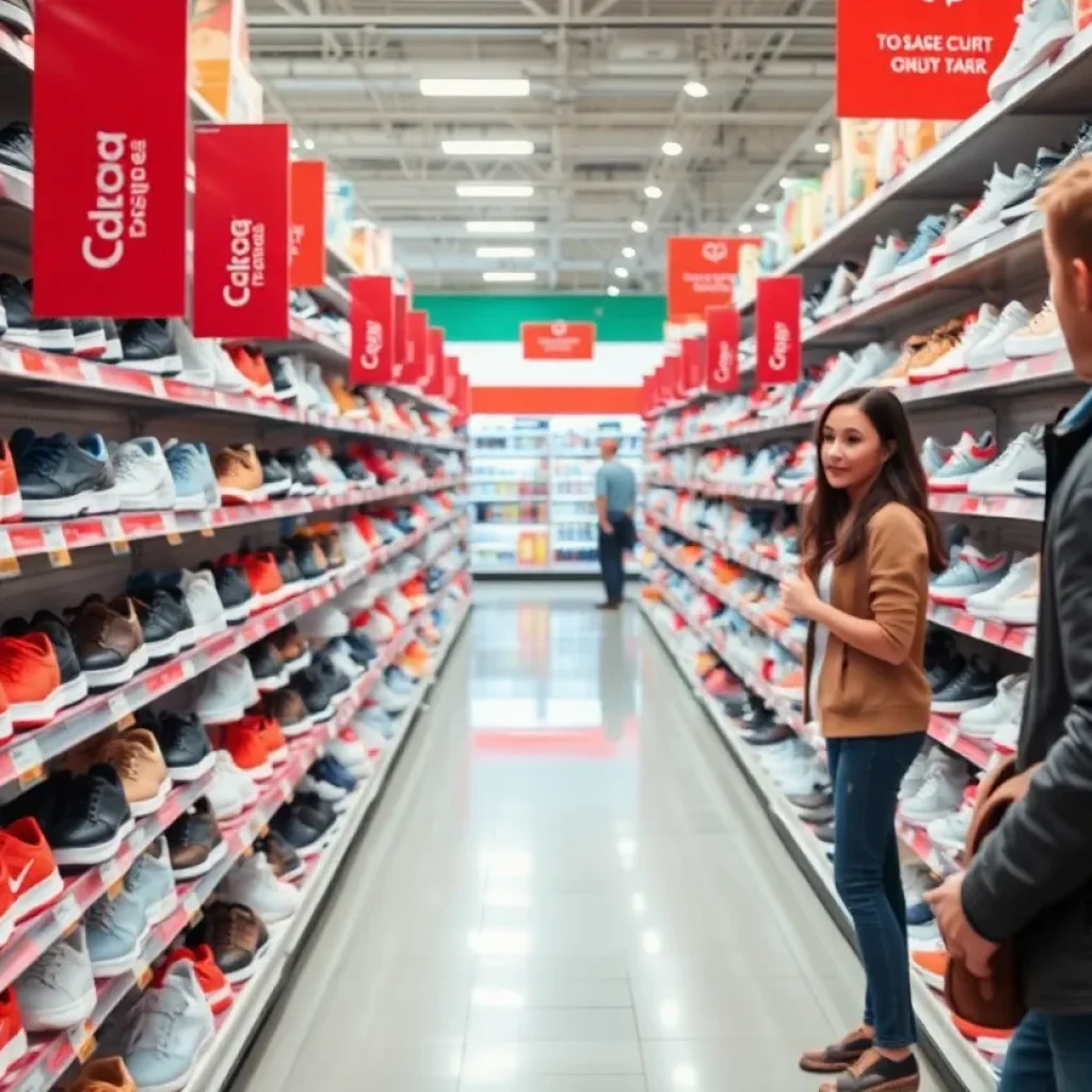 Shoe aisle in a store with an emphasis on cleanliness and surprise