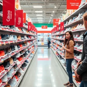 Shoe aisle in a store with an emphasis on cleanliness and surprise