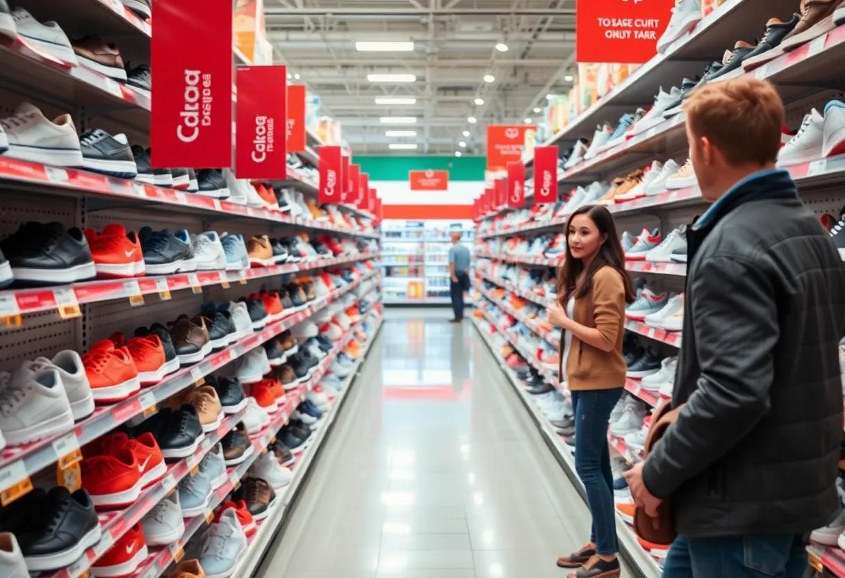 Shoe aisle in a store with an emphasis on cleanliness and surprise