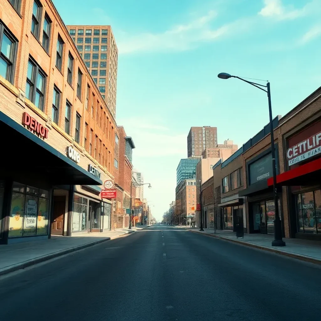 Empty retail street in Detroit with a few stores visible, highlighting retail shortage.