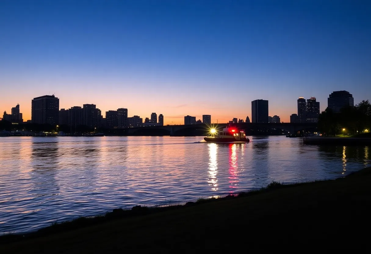 View of the Detroit River with Riverside Park in the foreground at dusk.