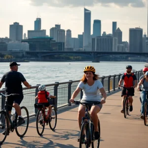 People biking and walking along the Detroit Riverwalk
