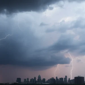 Thunderclouds over Detroit skyline during severe weather