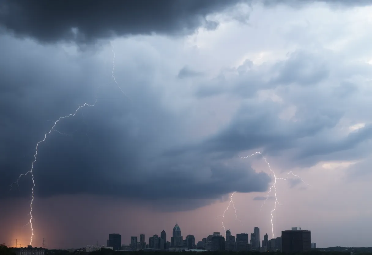 Thunderclouds over Detroit skyline during severe weather