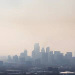 Hazy Detroit skyline indicating poor air quality
