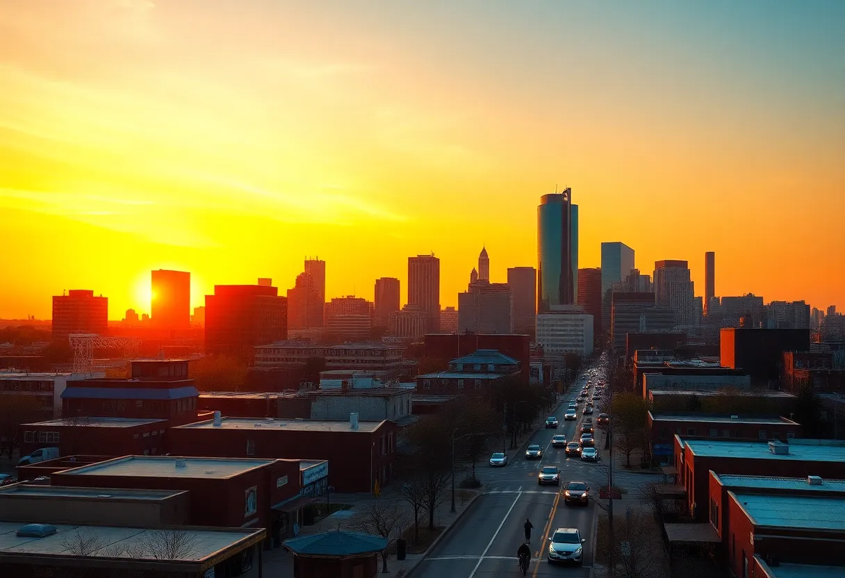 Detroit skyline with people and urban scenery