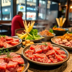 A presentation of raw meat dishes including steak tartare and kibbeh nayeh in a Detroit restaurant.