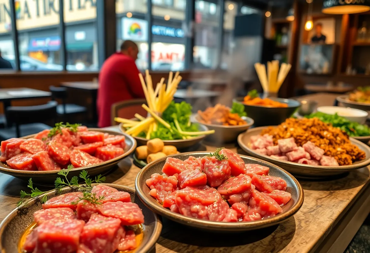 A presentation of raw meat dishes including steak tartare and kibbeh nayeh in a Detroit restaurant.