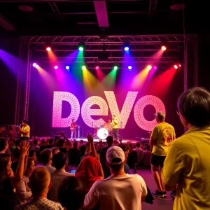 Audience enjoying Devo's reunion concert at Fillmore Detroit with vibrant stage lights.