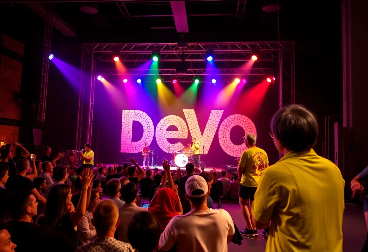 Audience enjoying Devo's reunion concert at Fillmore Detroit with vibrant stage lights.