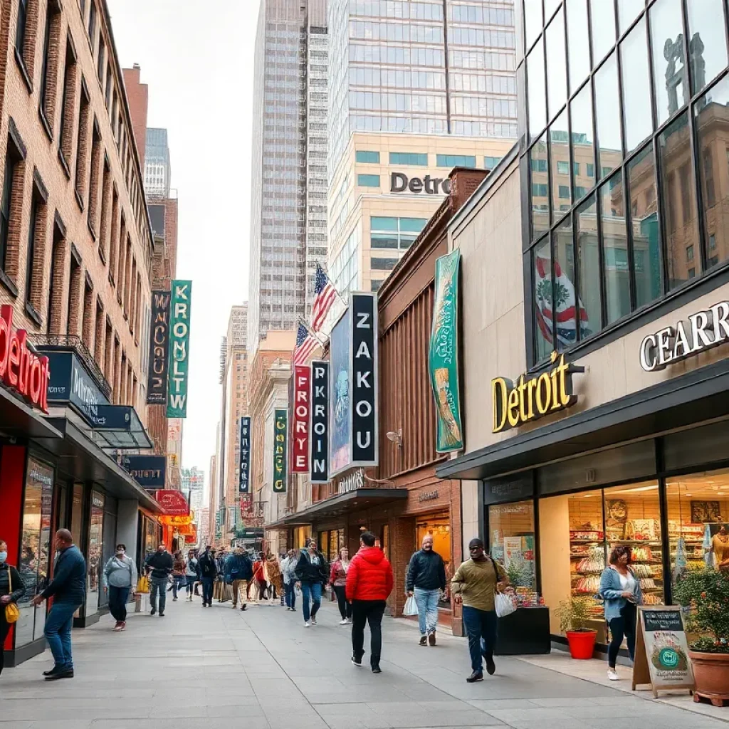 People shopping in downtown Detroit amid retail stores