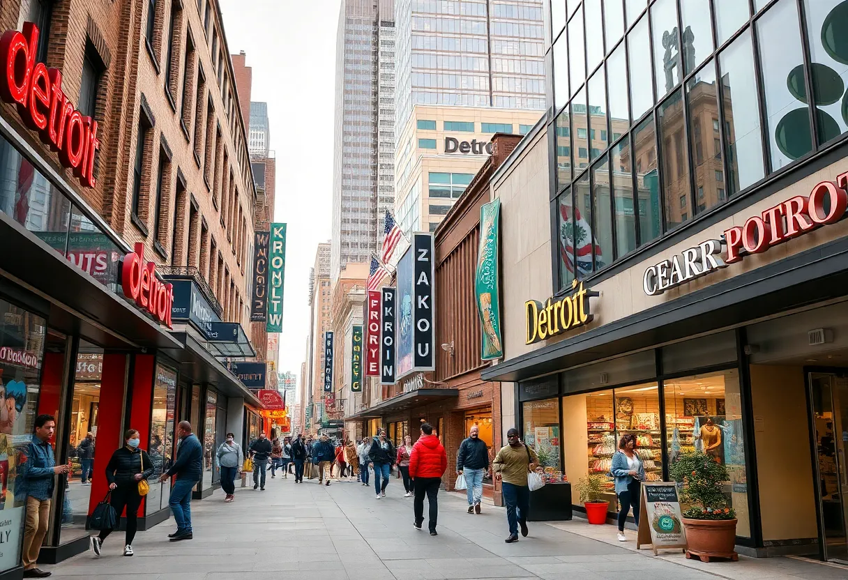 People shopping in downtown Detroit amid retail stores