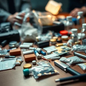 Seized drugs and paraphernalia on display as evidence in a drug trafficking case.