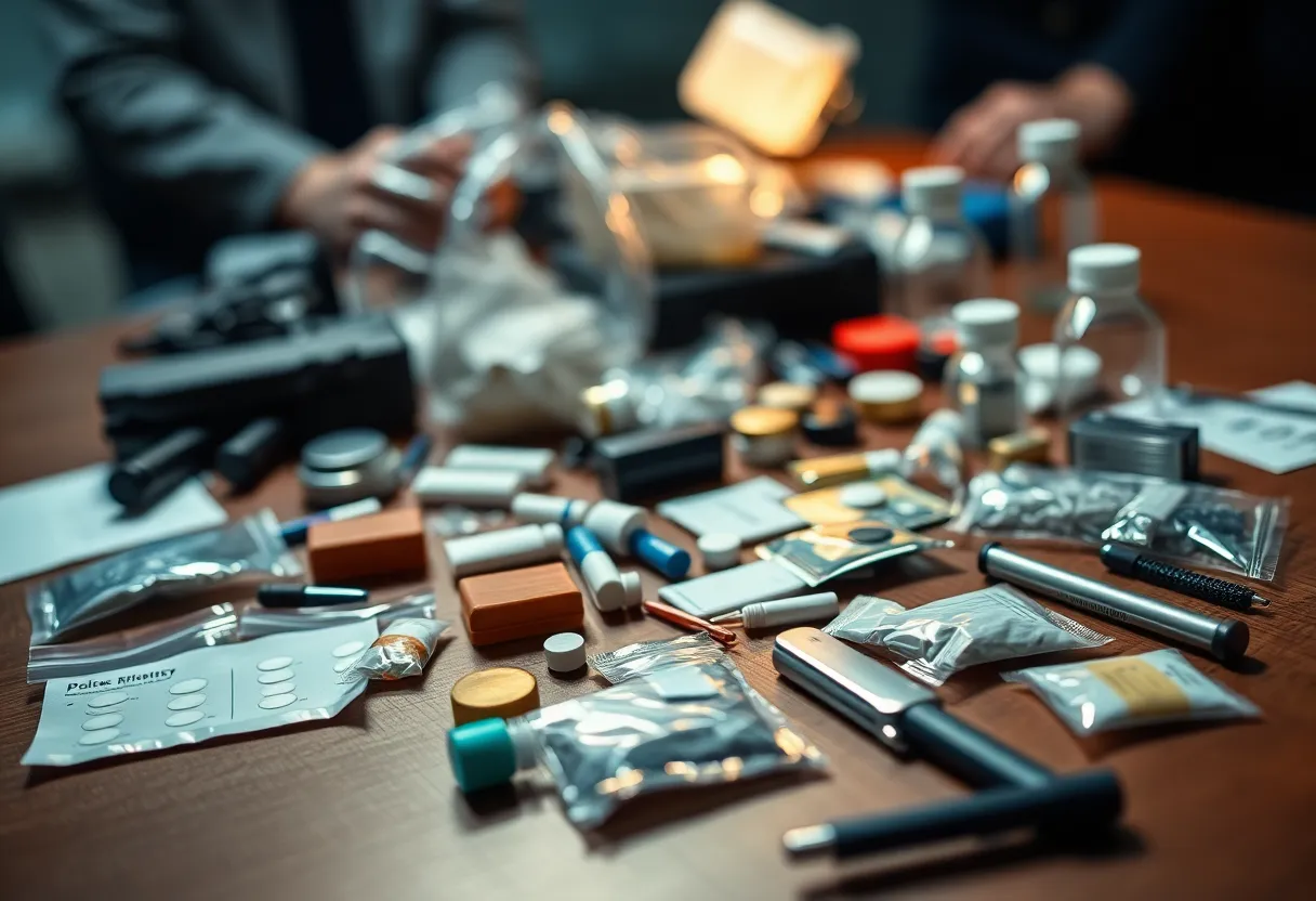 Seized drugs and paraphernalia on display as evidence in a drug trafficking case.