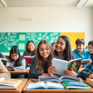 Diverse students actively engaging in a classroom setting filled with educational resources.