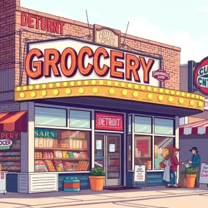 Exterior view of a vintage Farmer Jack grocery store showcasing a nostalgic vibe.