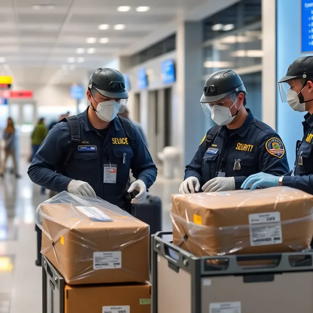 Federal agents conducting inspections for biological materials at an airport