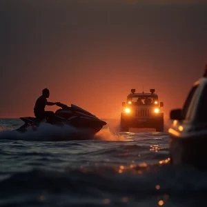 Police vehicle and jet ski during firearms smuggling operation