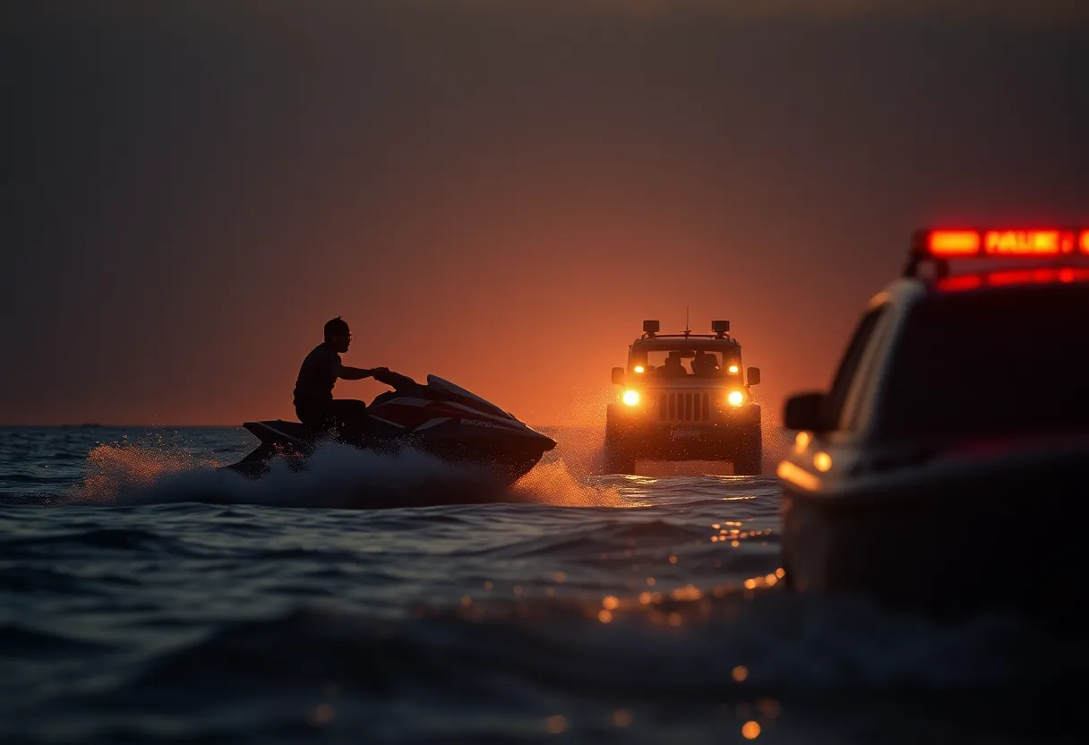 Police vehicle and jet ski during firearms smuggling operation