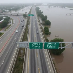 Flooded southbound lane of the Lodge Freeway in Detroit