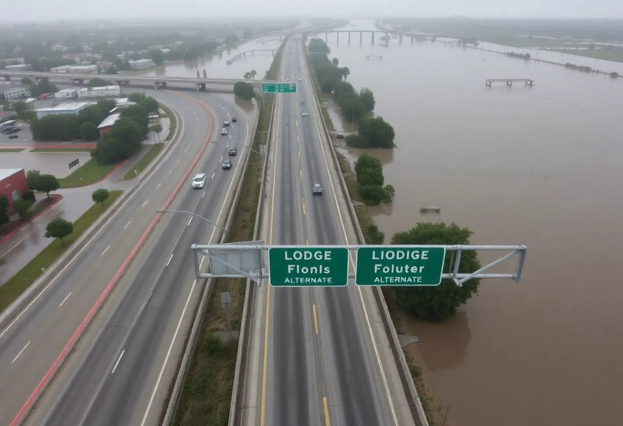 Flooded southbound lane of the Lodge Freeway in Detroit