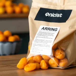 Paper bag of Floria Dried Apricots with a warning label about undeclared sulfites