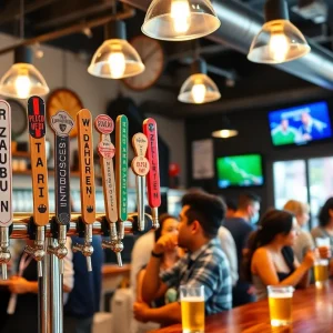 Interior of Florian East microbrewery with diverse clientele