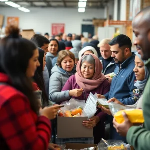 People receiving food at a busy food bank in Michigan.
