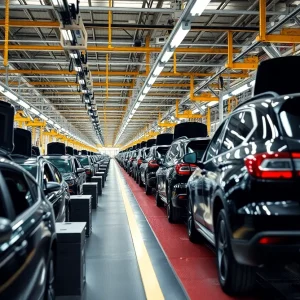 Inside view of a GM manufacturing plant with assembly lines and workers.