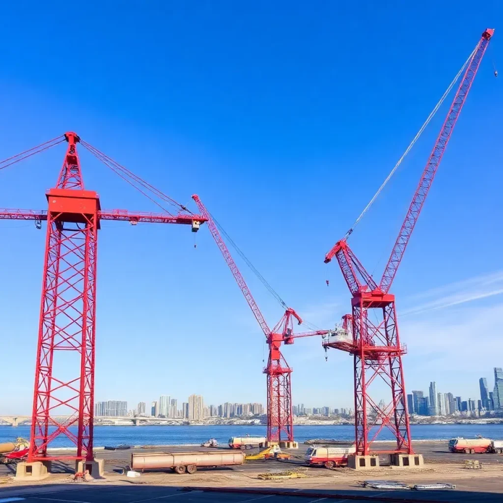 Construction site of the Gordie Howe International Bridge showing cranes and the Detroit skyline.