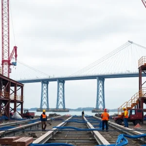 Construction site of Gordie Howe International Bridge with dismantled cranes