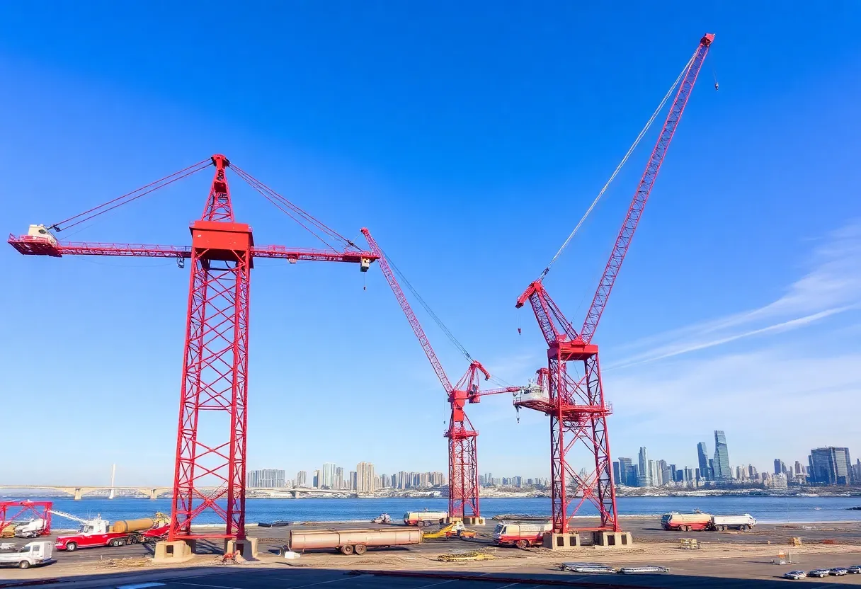 Construction site of the Gordie Howe International Bridge showing cranes and the Detroit skyline.