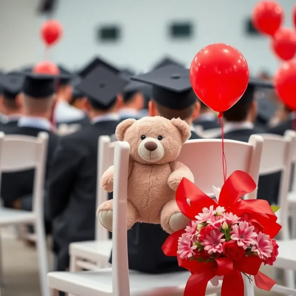 Graduation ceremony tribute for a COVID-19 victim surrounded by red decorations.