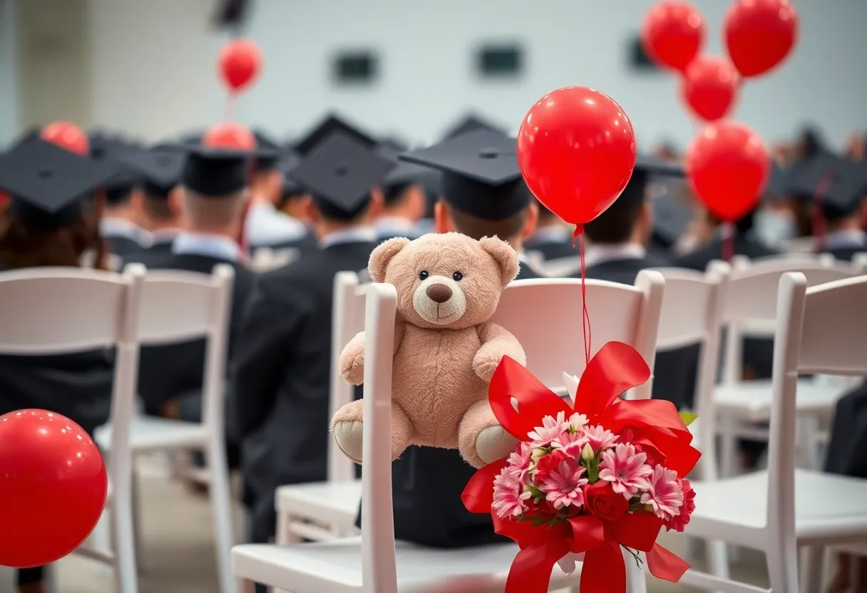 Graduation ceremony tribute for a COVID-19 victim surrounded by red decorations.