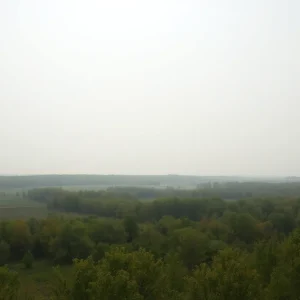Hazy sky over Southeast Michigan landscape due to wildfire smoke