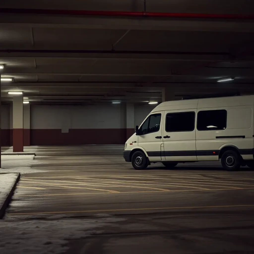 A parked van in a dimly lit parking garage during winter, symbolizing homelessness.