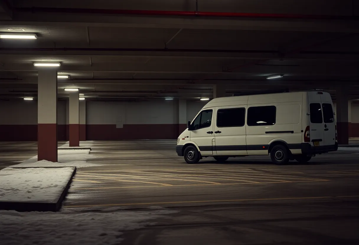 A parked van in a dimly lit parking garage during winter, symbolizing homelessness.