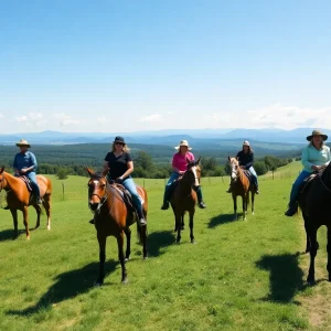 Group of riders enjoying horseback riding in a scenic park