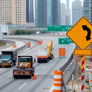 Construction work on I-94 in Detroit with detour signs