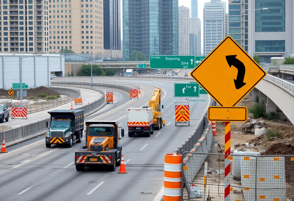 Construction work on I-94 in Detroit with detour signs
