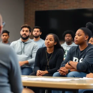 Young adults discussing Job Corps program impacts in a community meeting.