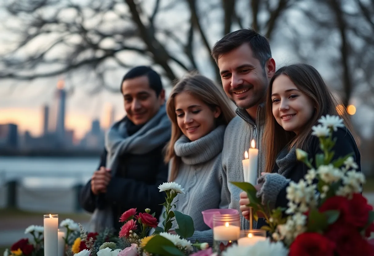 A family remembering Marvin Earl Monroe with flowers and candles outdoors.
