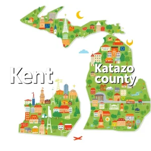 Map highlighting Kent County and Kalamazoo County in Michigan