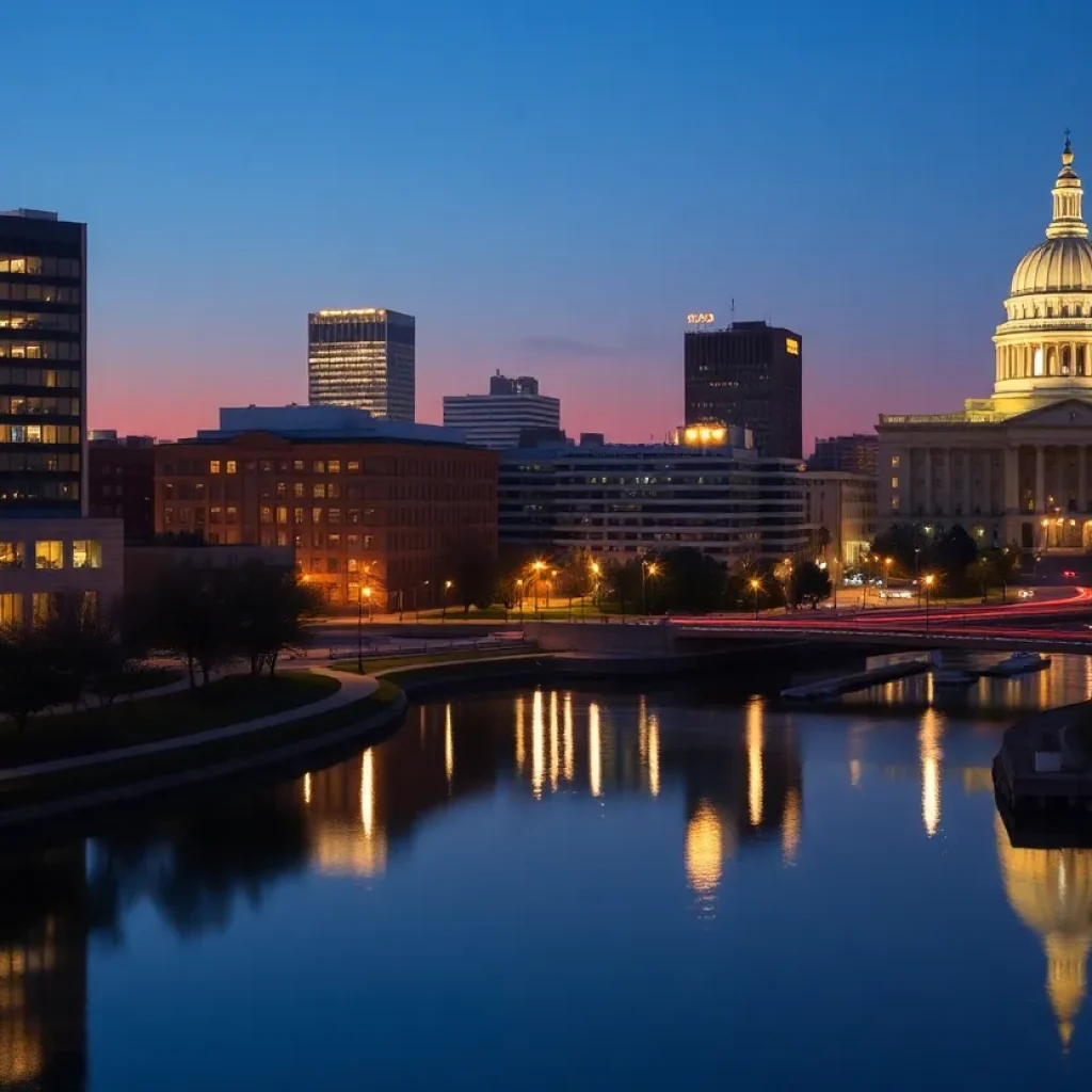 Cityscape of Lansing, Michigan illuminated at dusk